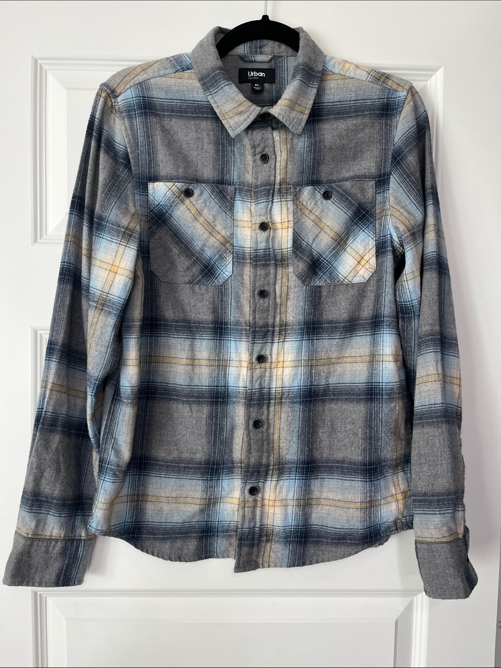 urban pipeline Gray Plaid Button-Down Shirt with Blue and Yellow Accents